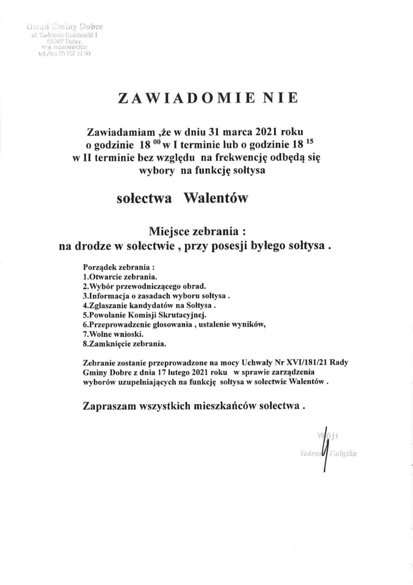 Zawiadomienie o zebraniu wyborczym na funkcję sołtysa sołectwa Walentów.