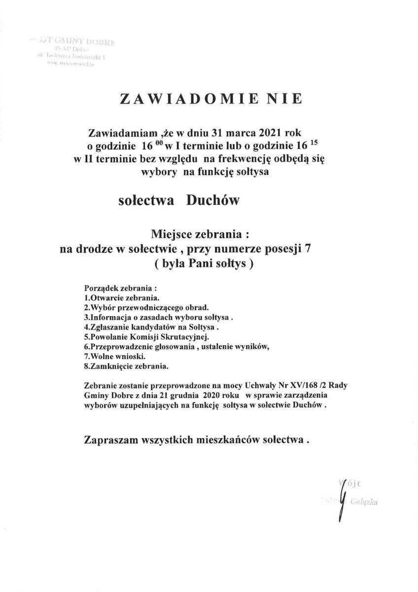 Zawiadomienie dla mieszkańców sołectwa Duchów o terminie zebrania wyborczego na funkcję sołtysa