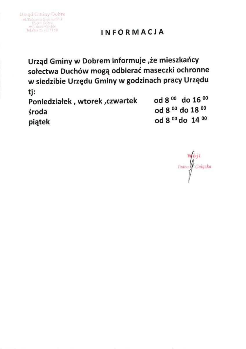 Informacja dla mieszkańców Duchowa o możliwości odbioru maseczek ochronnych