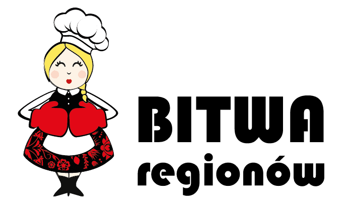 Logotyp-po prawej stronie napis z dużymi, czarnymi litery-Bitwa regionów, po lewej postać kobiety w stroju ludowym