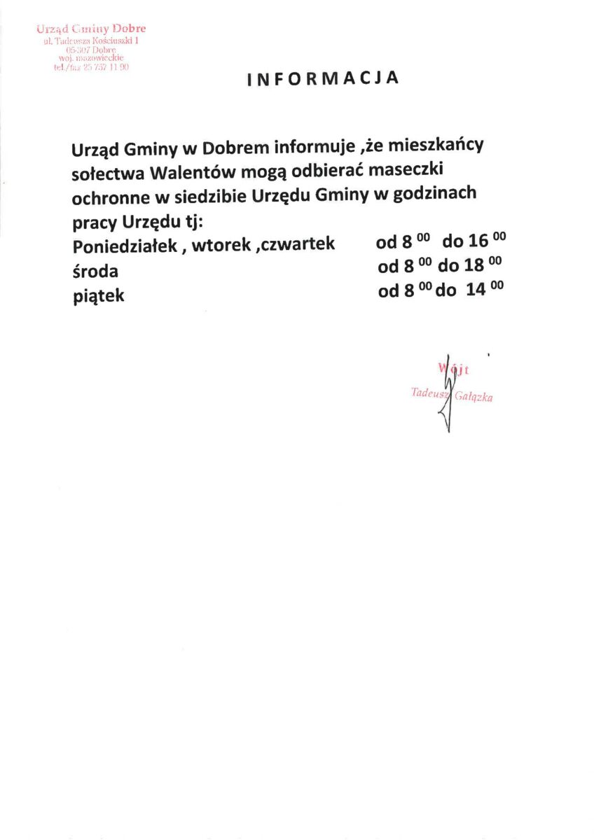 Informacja dla mieszkańców Walentowa o możliwości odbioru maseczek ochronnych
