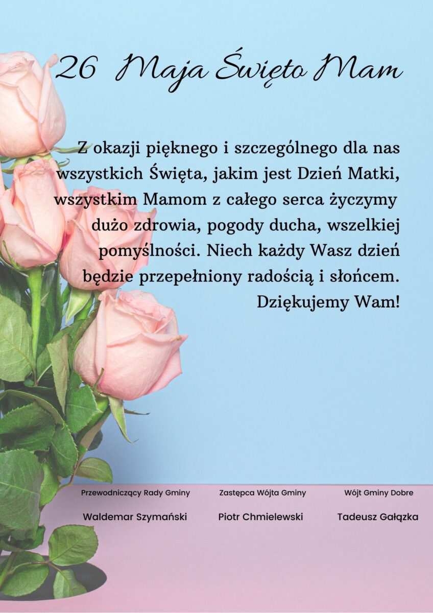 Treść życzeń z okazji DNIA MATKI na tle bukietu róż.