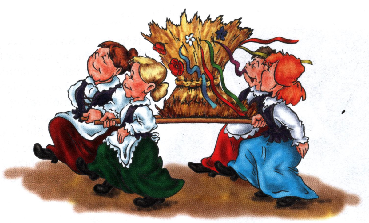 grafika przedstawiająca kobiety niosące wieniec dożynkowy