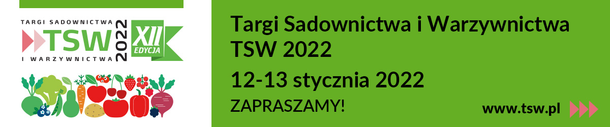 _BANER_INTERNET_pusty_500x250_.indd z prawej strony na zielonym tle napis-Targi Sadownictwa i Warzywnictwa TSW 2022 z lewej warzywa w różnych kolorach