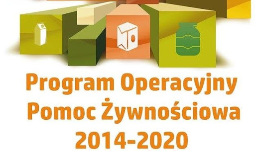 Pudełka z symbolami artykułów spożywczych. Pod nimi napis Program Operacyjny Pomoc Żywnościowa 2014-2020