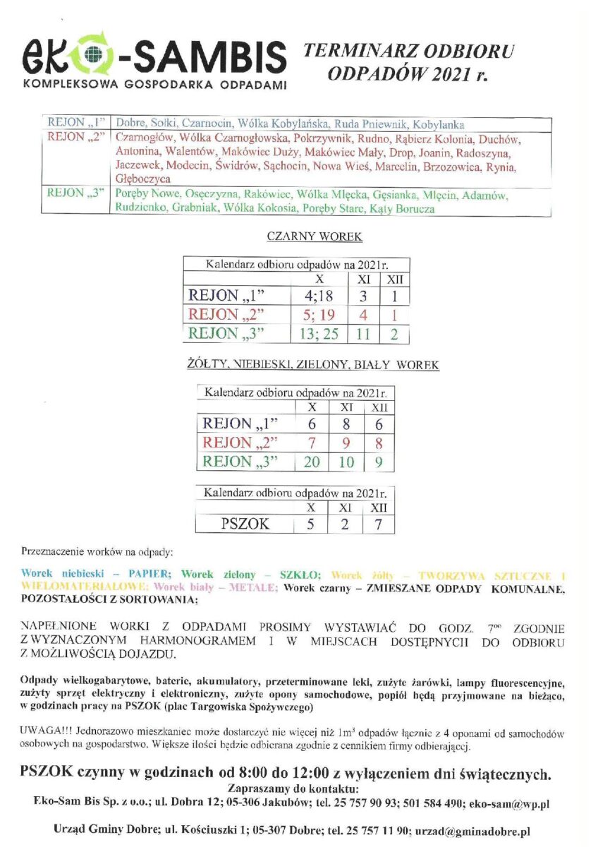 terminarz wywozu odpadów stworzony przez firmę EKO-SAMBIS