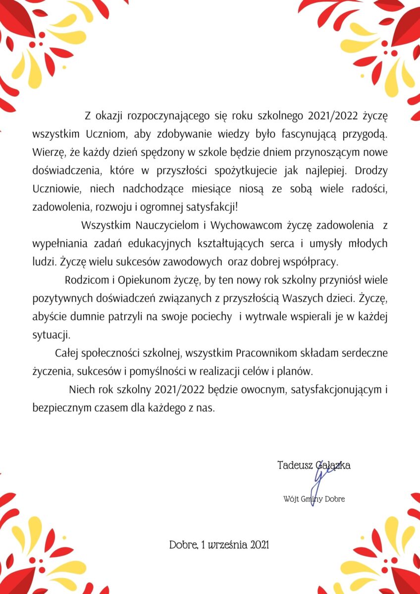 Życzenia Wójta gminy Dobre w kolorowej ramce