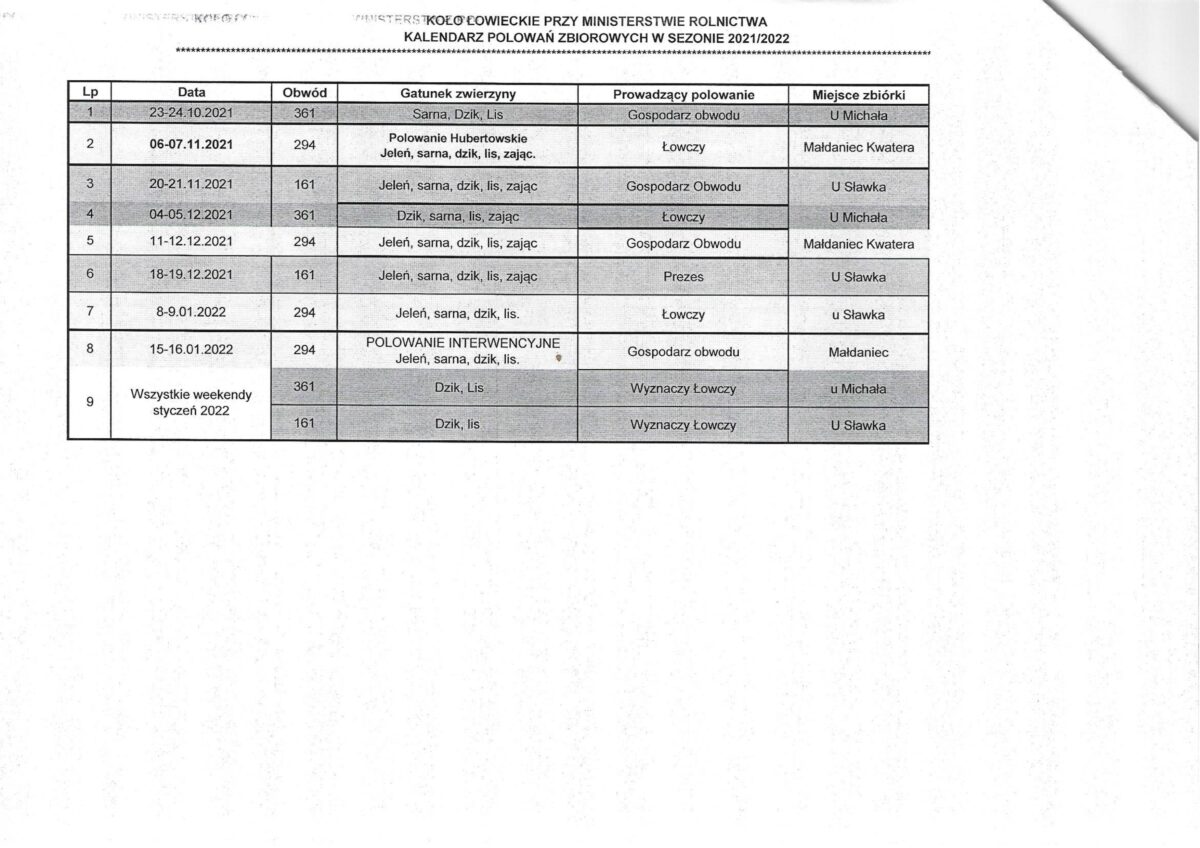 tabela z terminami polowań dostarczana listownie przez koło łowieckie