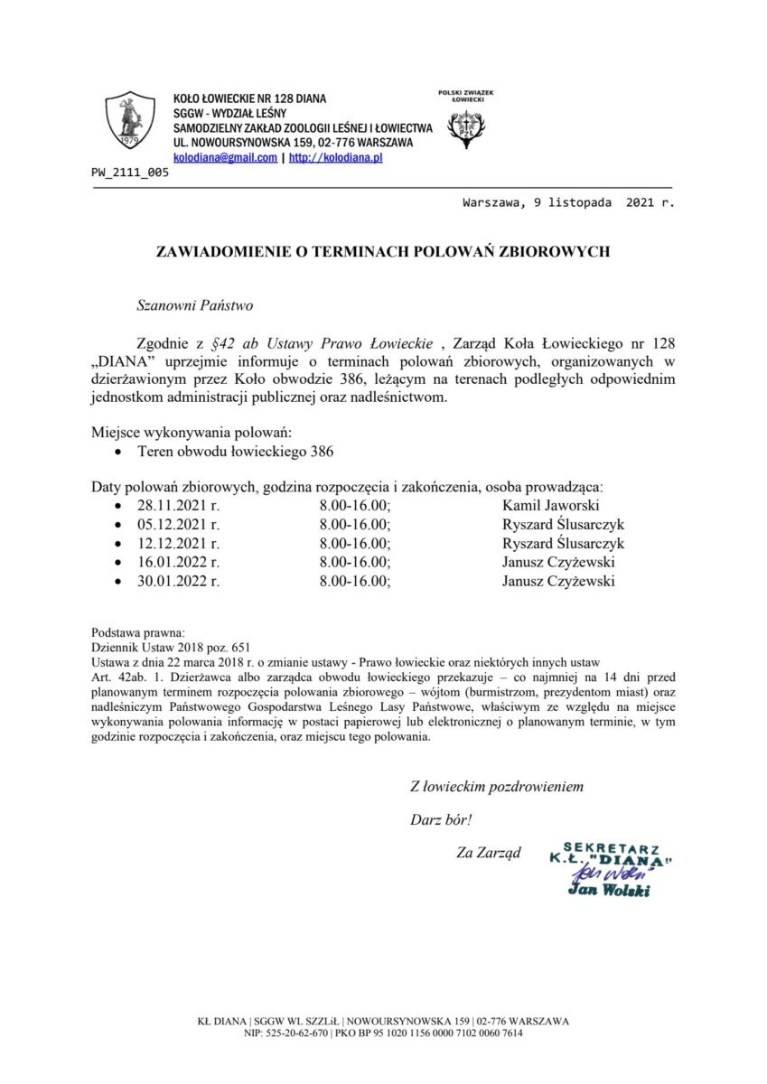 Zawiadomienie o terminach polowań zbiorowych
