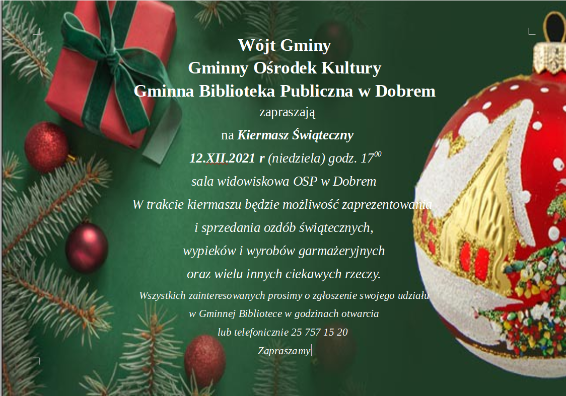 Plakat z tesktem zapraszającym na kiermasz świąteczny