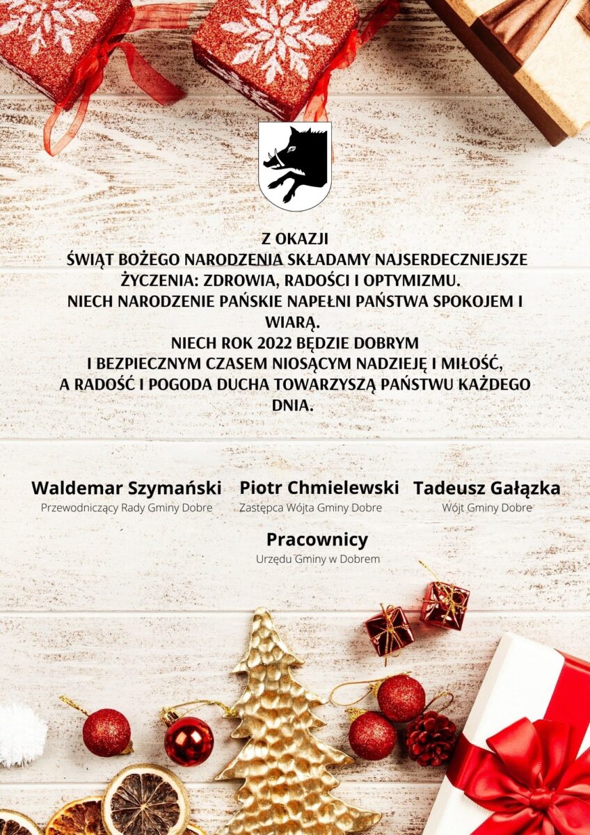 świąteczna kartka z tekstem: Z okazji zbliżających się Świąt Bożego Narodzenia składamy najserdeczniejsze życzenia zdrowia, radości i optymizmu. Niech Narodzenie Pańskie napełni Państwa spokojem i wiarą. Niech Rok 2022 będzie dobrym i bezp