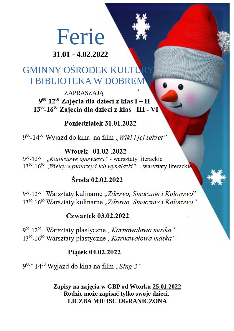 Plakat Ferie 2022 plan ferii zimowych w rogu bałwan w czerwonej czapce
