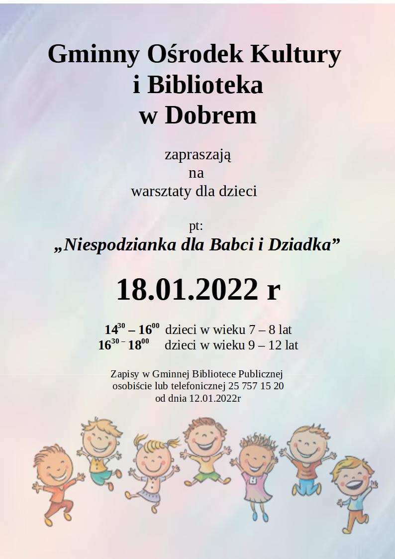 Kolorowy plakat z informacją o warsztatach dla dzieci związany z dniem babci i dziadka