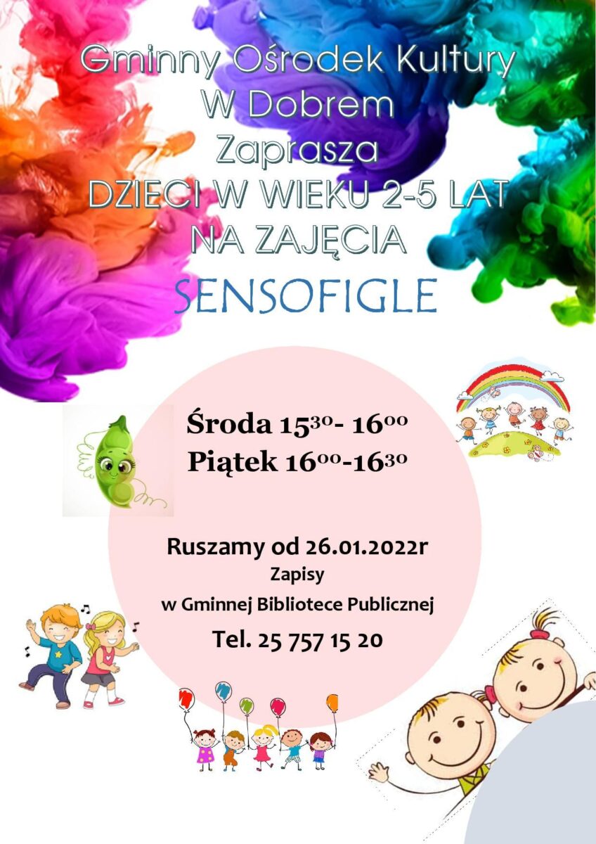 Kolorowy plakat z rysunkami dzieci i nformacjami o zajęciach.