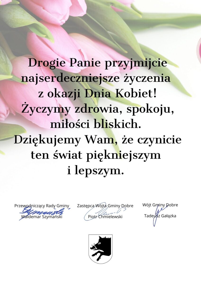 Duże czarne litery z życzeniami z okazji Dnia Kobiet. W tle różowe tulipany.