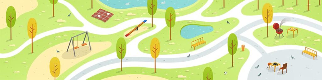 Grafika przedstawiająca park z drzewami alejkami i placem zabaw