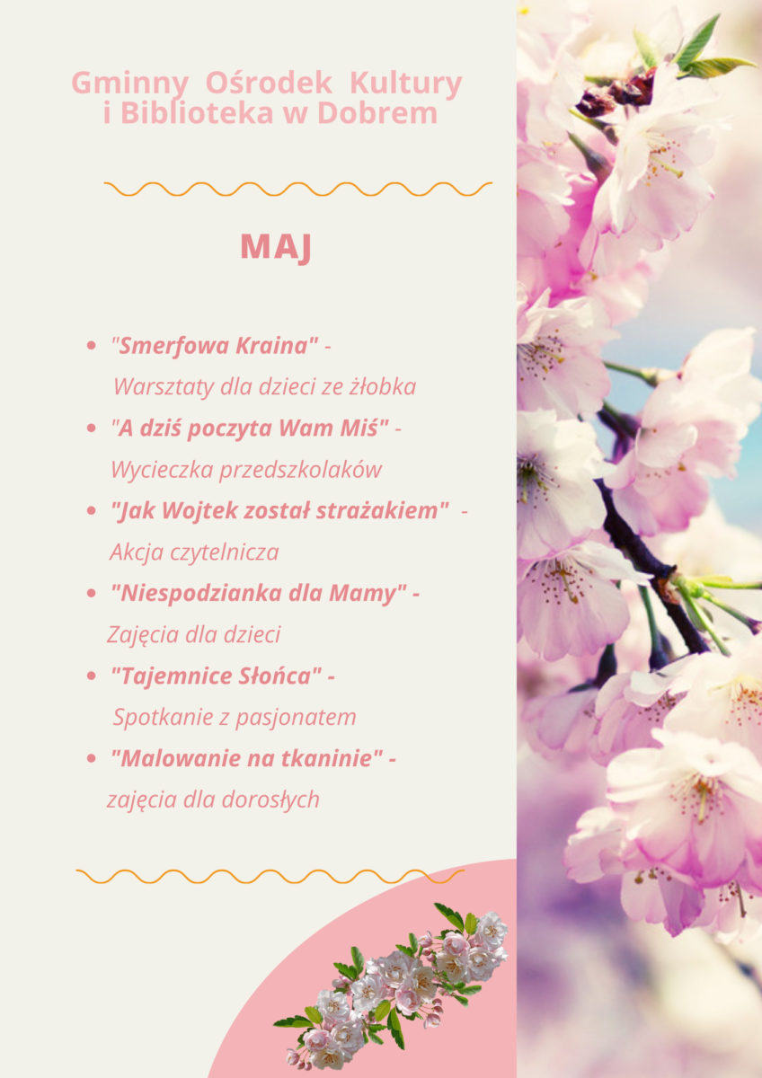 Plakat z kwiatami jabłoni z tytułami zajęć, jtóre będą się odbywać w bibliotece