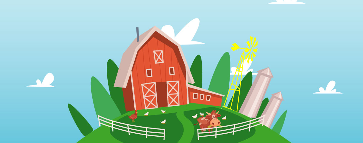 grafika przedstawia budynki gospodarcze i drzewa