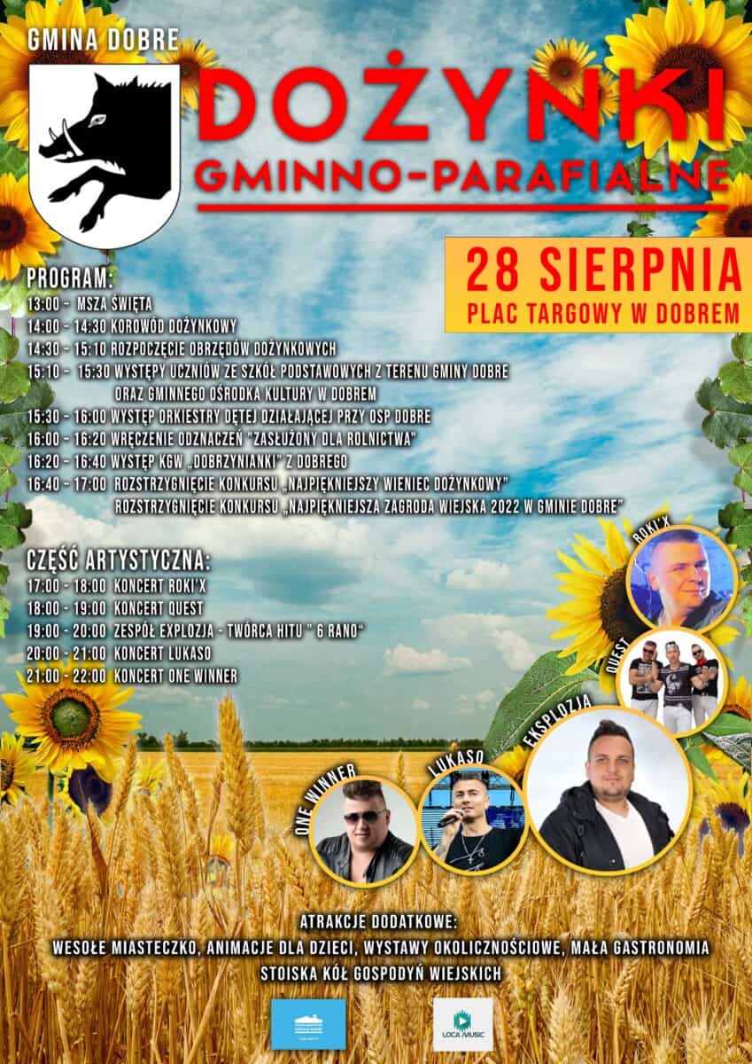 Łany zboża na górze czerwony napis - dożynki gminno parafialne