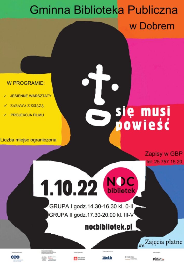 plakat z tekstem Gminna Biblioteka Publiczna w Dobrem zaprasza na NOC BIBLIOTEK