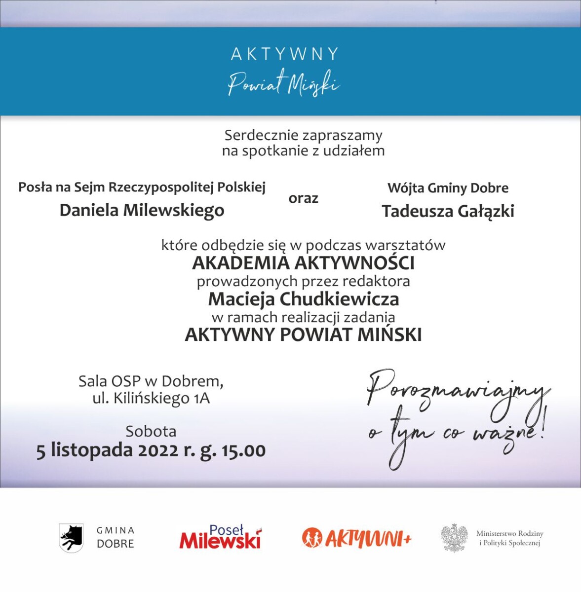 Plakat z biały napisem aktywny powiat miński