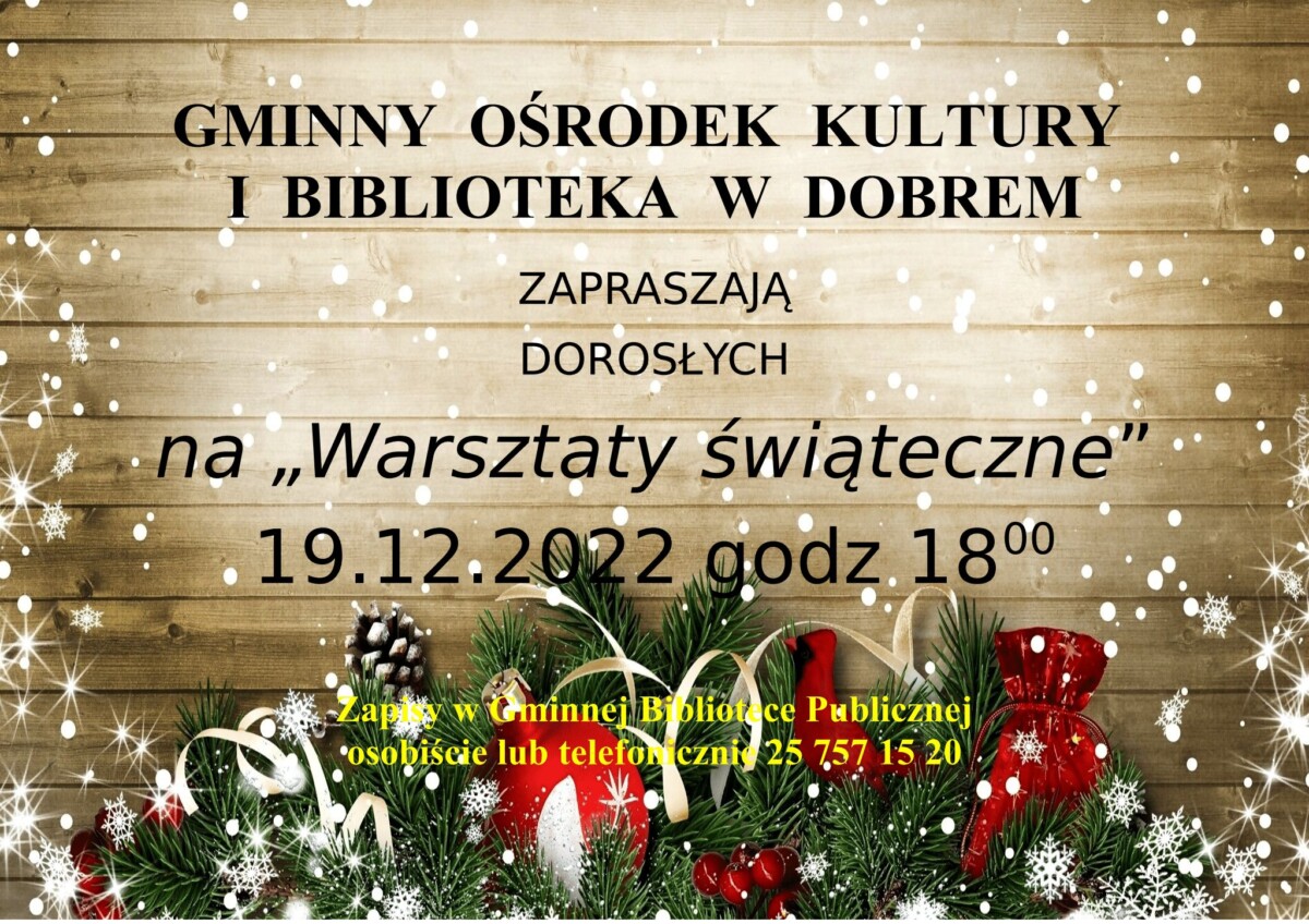 Plakat z elementami dekoracji świątecznych.