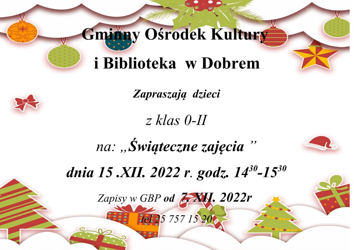 Plakat z elementami dekoracji świątecznych.