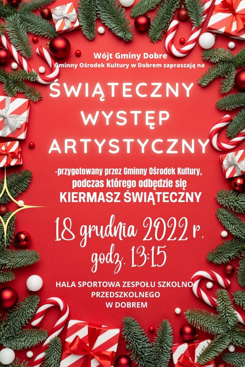 Czerwone tło z białym napisem Świąteczny Występ Artystyczny