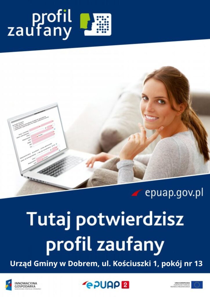 Kobieta przy laptopie, w lewym roku biały napis profil zaufany