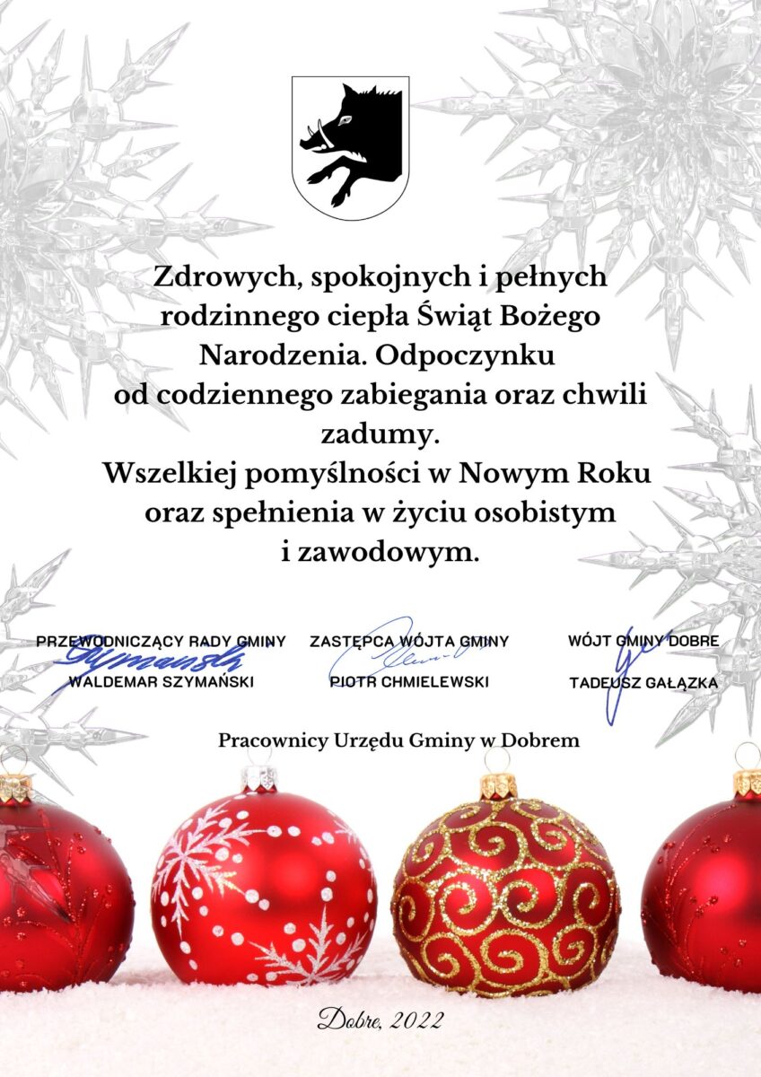 Życzenisa od władz gmniny z okazjio świąt, w tle czerwone bąbki na śniegu