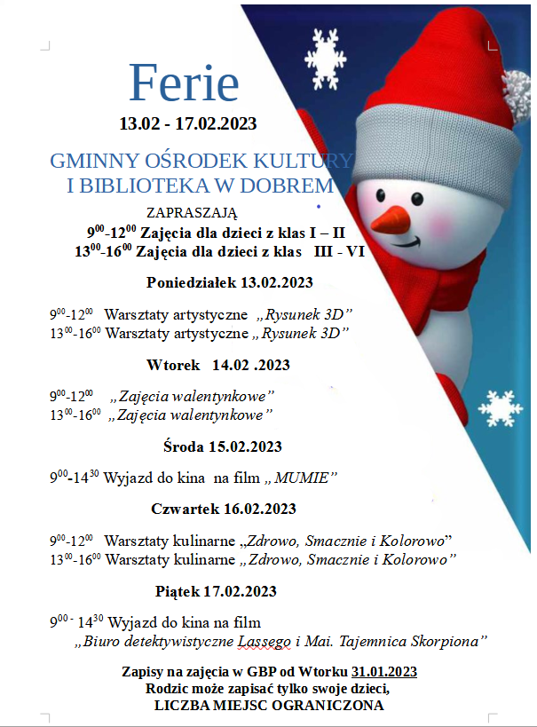 Bałwan w czapce czerwonej plan ferii