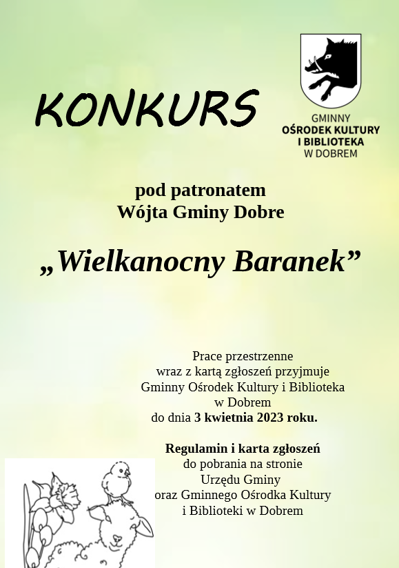 Zielony plakat z wizerunkim baranka i napoisem KONKURS