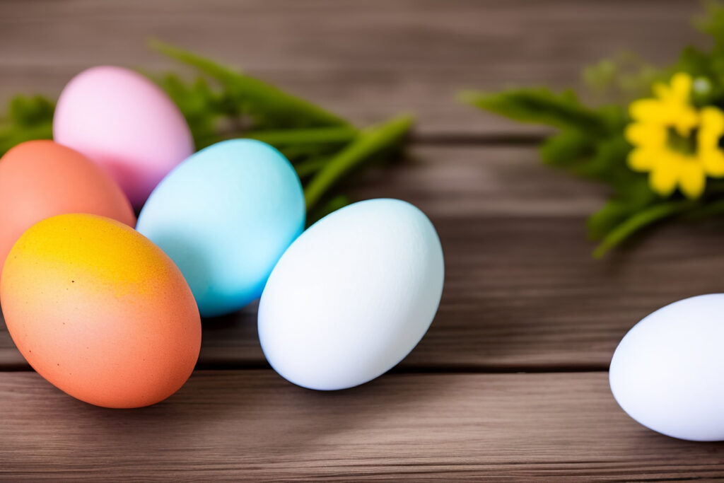 kolorowe jajka ułożone na drewnianym stole w tle kwiatki