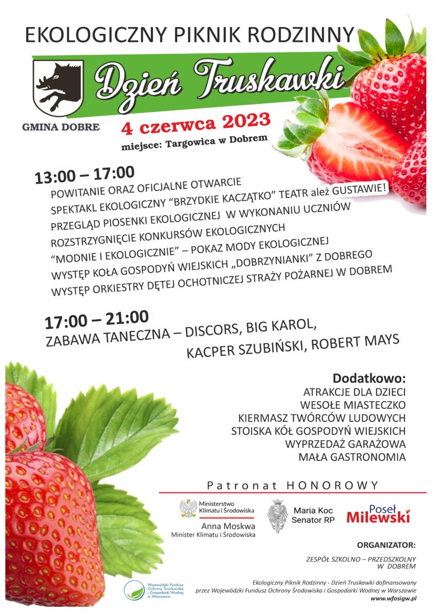 truskawka_AKTUALNY PLAKAT plakat z tryskawkami po bokach i napisemn DZIEŃ TRUSKAWKI