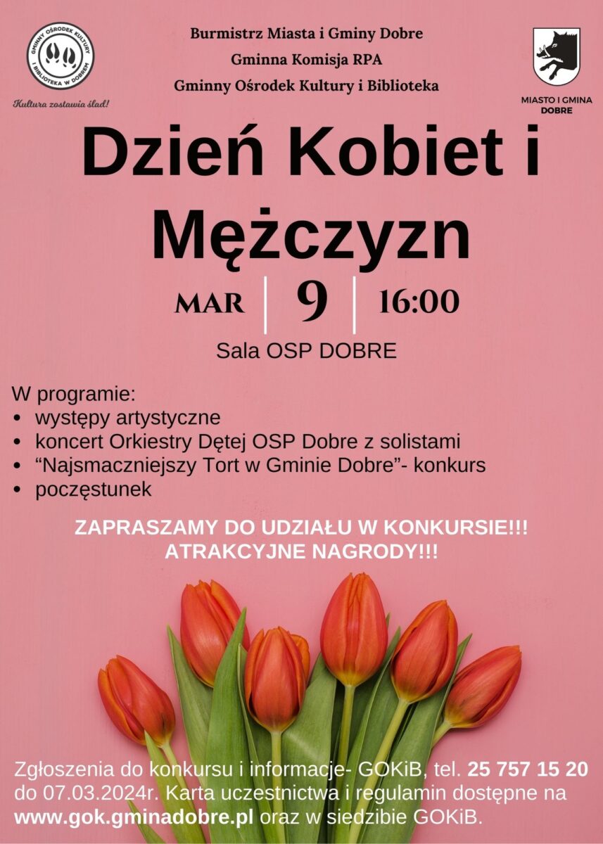 430652280_1539191690261126_5403946237218306363_n Na obrazku jest plakat z przedstawieniem tulipanów oraz innych kwiatów na różowym tle. Tulipany i inne rośliny są ukazane w kontrastach, które kontrastują z pastelowym tłem.
