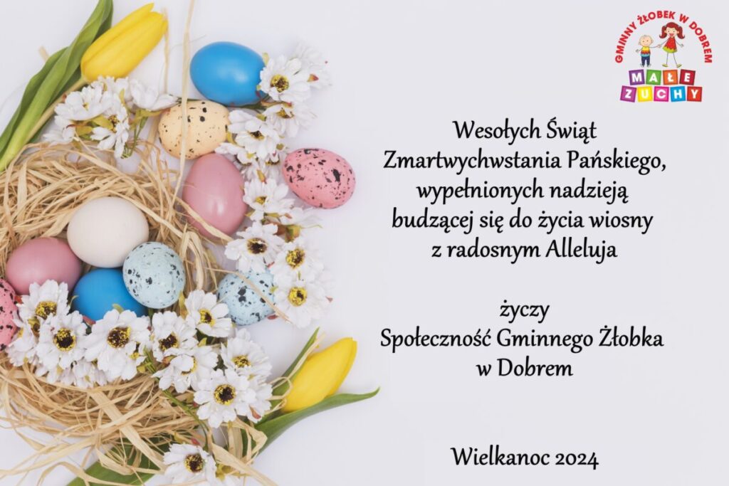 Na obrazku wielkiej kartki z kolorowymi jajkami w gnieździe i pięknych wiosennych kwiatach. Widoczna jest także wiadomością napisaną po polsku.