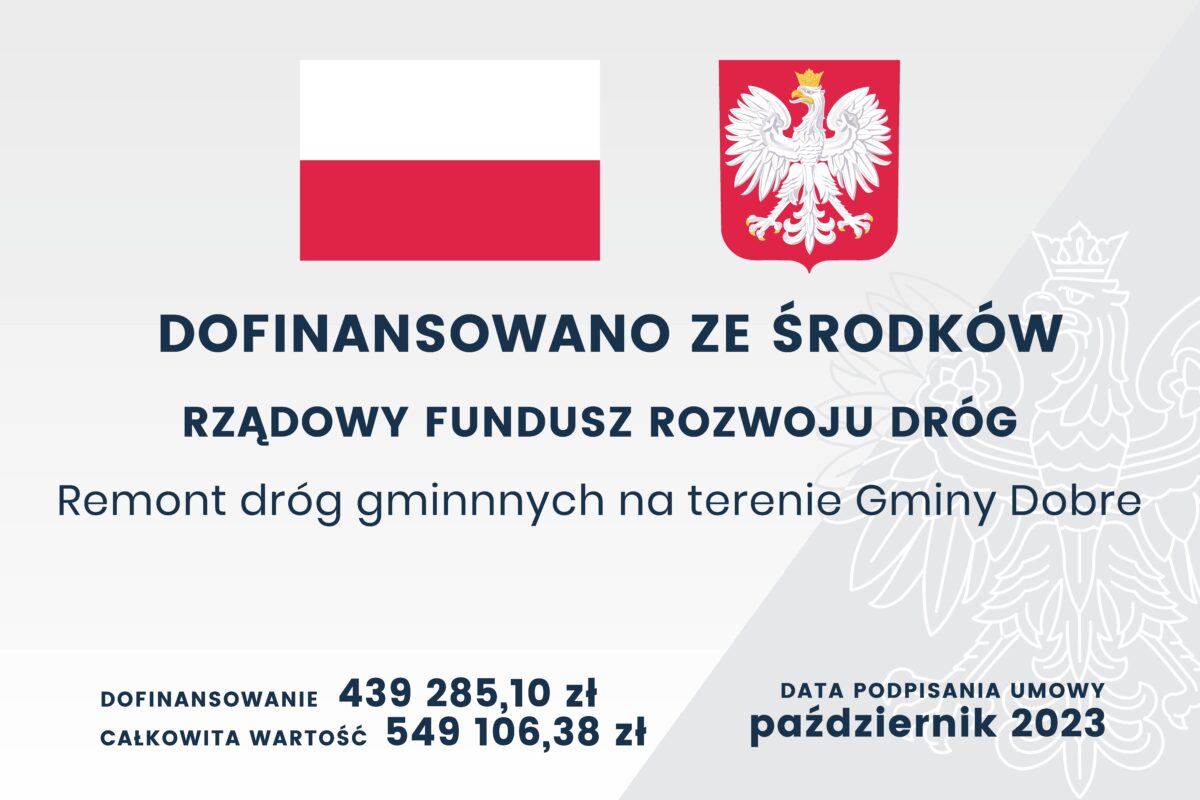Na obrazku jest grafika z flagą Polski oraz godłem narodowym. Grafika publikacji finansowania rozwoju dróg przez rząd w gminie Dobre na pokrycie 539 285,10 zł, datowane na październik 2023 roku.