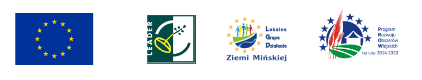 Na obrazku znajdującym się cztery loga: flaga Unii Europejskiej z żółtymi gwiazdami na niebieskim tle, logo LEADER z żółto-zielonym designem, logo Lokalnej Grupy Działania Ziemi Mińskiej oraz logo Programu Rozwoju Obszarów Wiejskich. Te symbole różnych inicjatyw i programów wspieranych przez Unię oraz lokalne i regionalne projekty dotyczące rozwoju obszarów wiejskich.