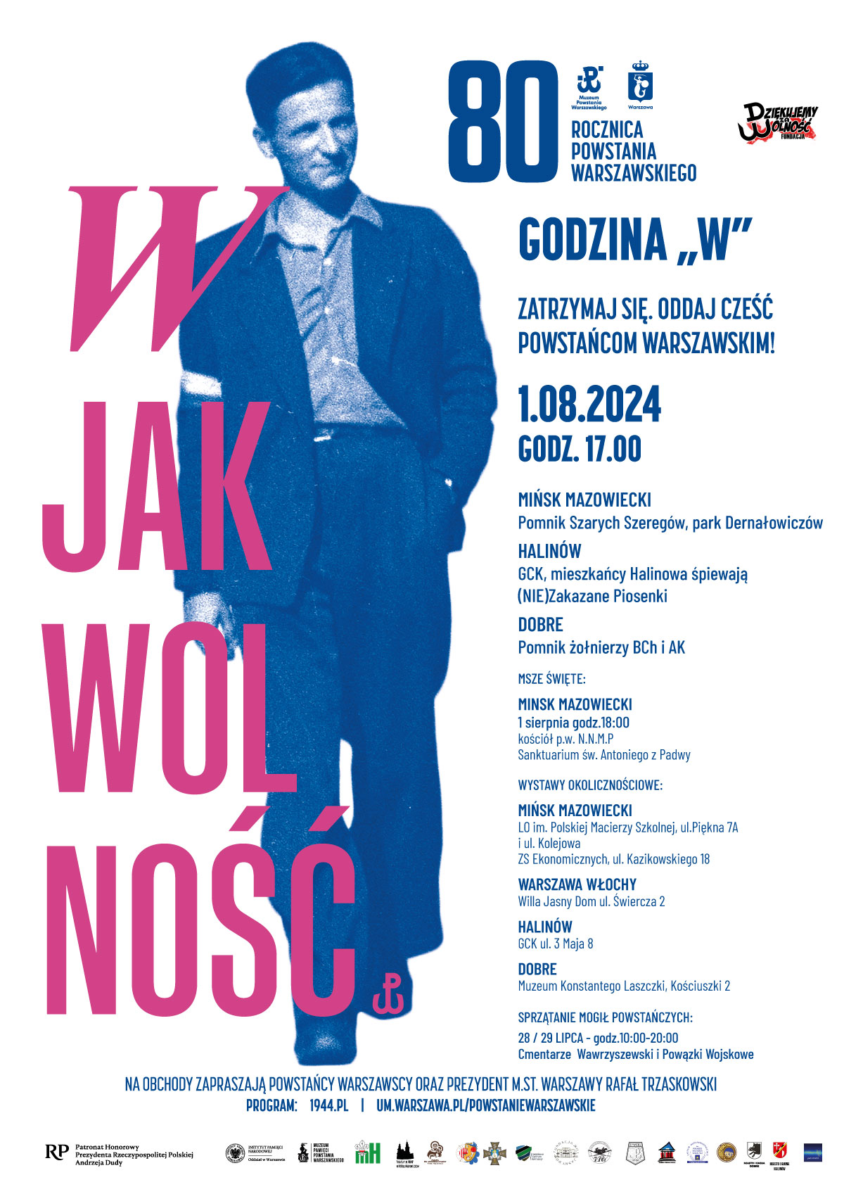 Plakat z okazji 80-lecia Powstania Warszawskiego przedstawia mężczyznę w garniturze, a także zawiera szczegółowe informacje o wydarzeniach takich jak dane (1 sierpnia 2024), godzina (17:00) i miejsce (Mińsk Mazowiecki). W tle można uzyskać elementy graficzne nawiązujące do historycznego powstania.