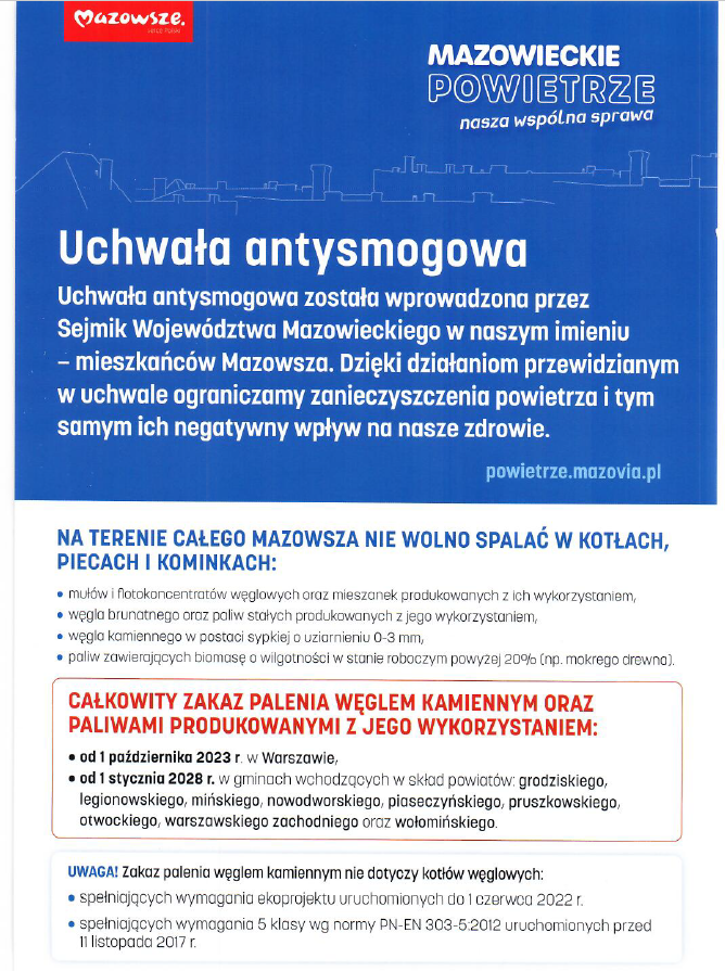 Plakat przedstawia nazwę antysmogową z Mazowieckiego w Polsce, która zawiera zakazy dotyczące węgla i niektórych paliw w celu emisji powietrza. Zawiera uwagi oraz podkreślenie kluczowego znaczenia i daty ich wydania.