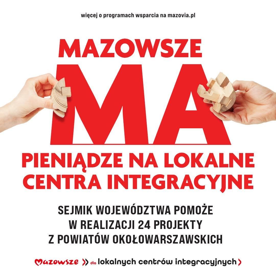 Na obrazku widocznych reklam z czerwonym napisem „Mazowsze MA”, przedstawiające ręce układające puzzle. Dotyczy to danych zintegrowanych oraz 24 urządzeń w powiatach.