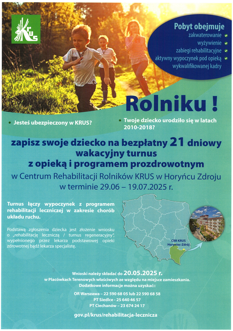 Plakat promujący turnus rehabilitacyjny KRUS z dziećmi biegającymi po lesie w promieniach słońca. Kolory dominujące to zieleń i niebieski. Znajdują się informacje o darmowym turnusie wakacyjnym.