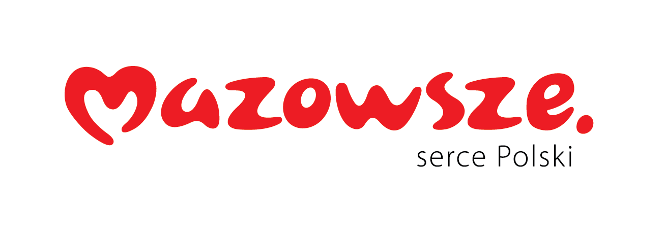 Logo przedstawia czerwony napis „Mazowsze.” na białym tle. Obok znajduje się czarny tekst „serce Polski”. Czerwony kolor dominuje.