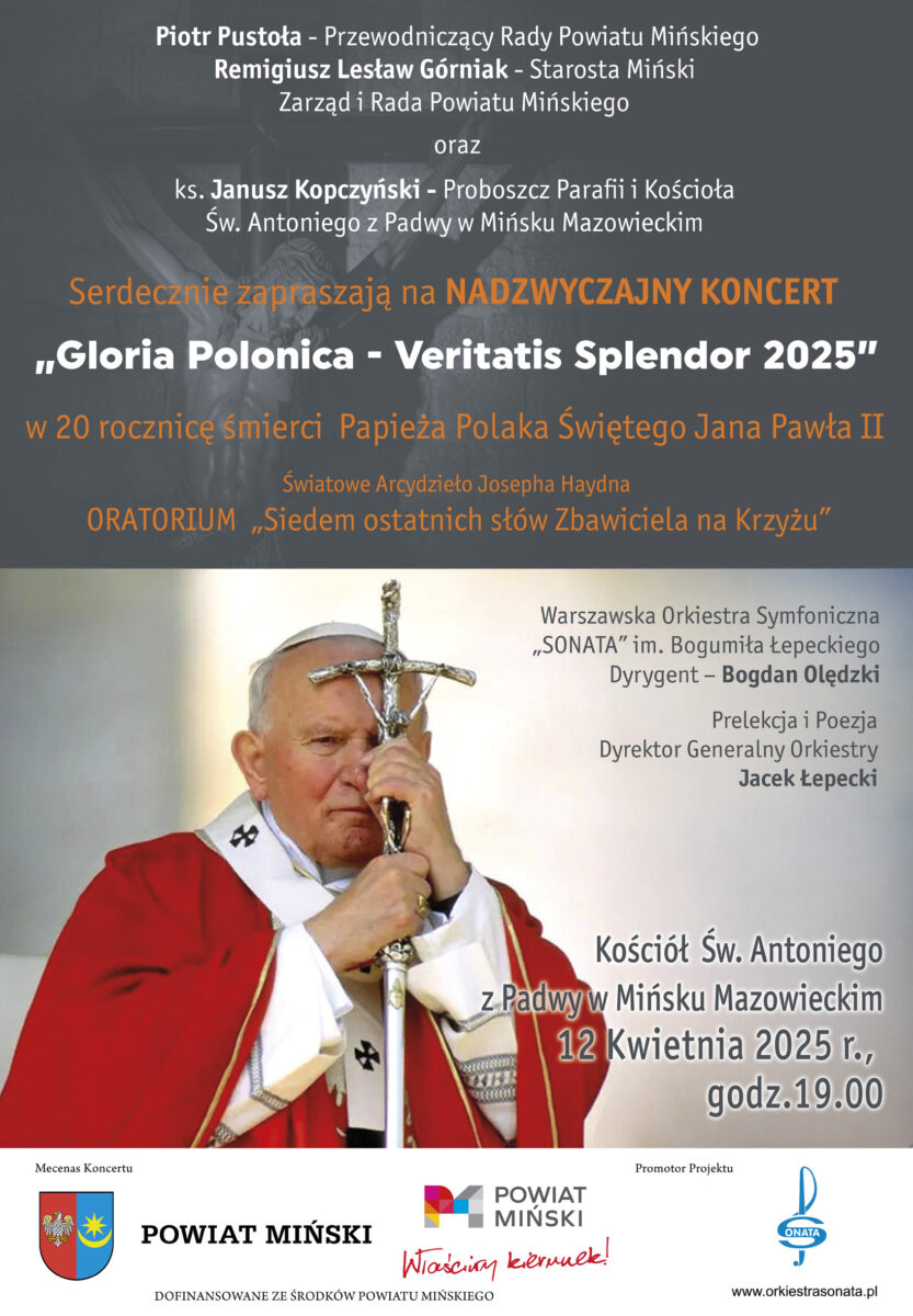 Na plakacie koncertowym widnieje mężczyzna w czerwonym płaszczu grającym na trąbce, co zwraca uwagę i nadaje całościowy charakter. Wydarzenie upamiętniające papieża Jana Pawła II odbędzie się 12 kwietnia 2025 roku w Mińsku Mazowieckim.