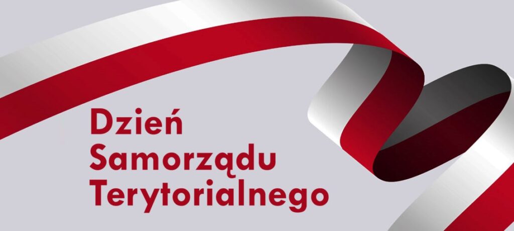 Czerwono-biała wstęga przewija się na szarym tle. Obok znajduje się napis Dzień Samorządu Terytorialnego. Kolory dominujące to czerwony, biały i szary.