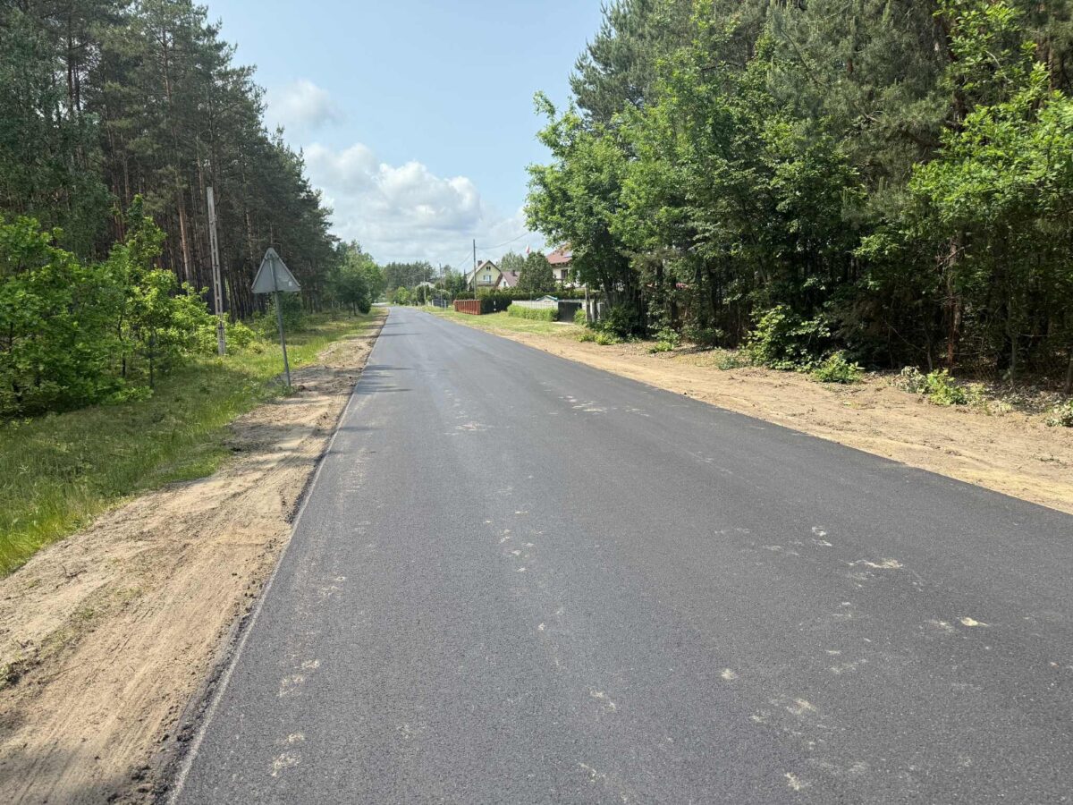 Asfaltowa droga przez las, po lewej znaki i drzewa, po prawej domy. Jasne, letnie niebo z chmurami. Tło zielone.