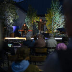 Koncert na świeżym powietrzu, scena oświetlona na niebiesko, w tle drzewa. Muzyk przy klawiszach, wokalista śpiewa. Publiczność siedzi tyłem.