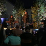 Koncert na scenie oświetlonej kolorowymi światłami, klawiszowiec i wokalista. W tle drzewa, z przodu publiczność. Klimatyczna noc.