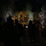 Na zdjęciu nocny koncert na zewnątrz. Dwie osoby na scenie przy jasno oświetlonych drzewach. Przed sceną zebrany tłum ludzi.