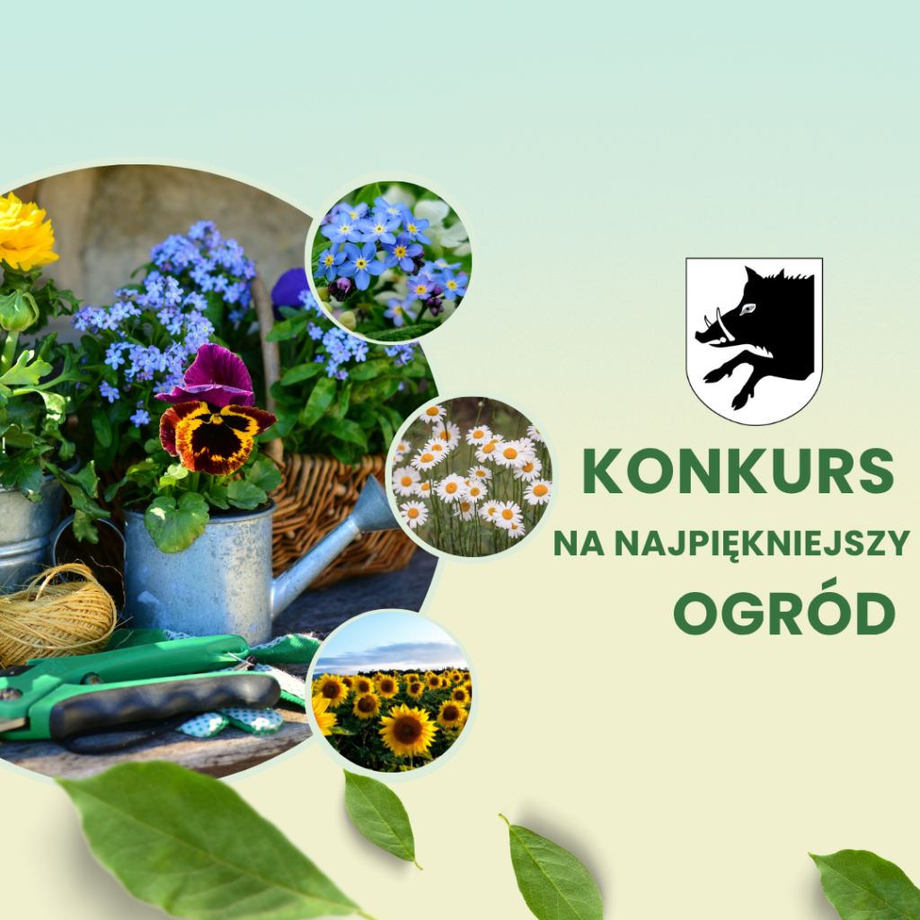Obraz przedstawia kolorowe kwiaty w konewkach na tle beżowej ściany. Na zielonym tle napis Konkurs na najpiękniejszy ogród. Dookoła drobne liście i kwiatowe okręgi.